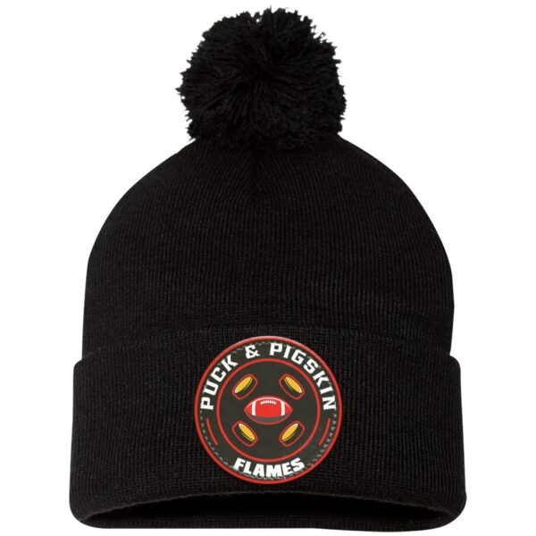 Puck & Pigskin Logo - Flames Pom Pom Toque