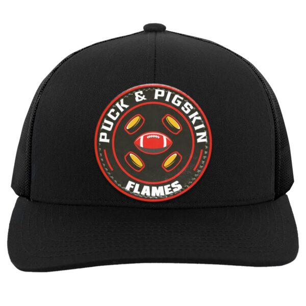 Puck & Pigskin Logo - Flames Snapback Trucker Hat - Image 4