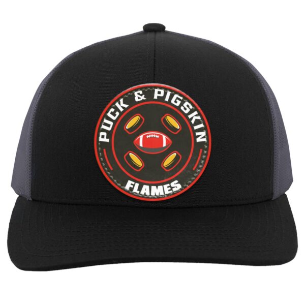 Puck & Pigskin Logo - Flames Snapback Trucker Hat - Image 5