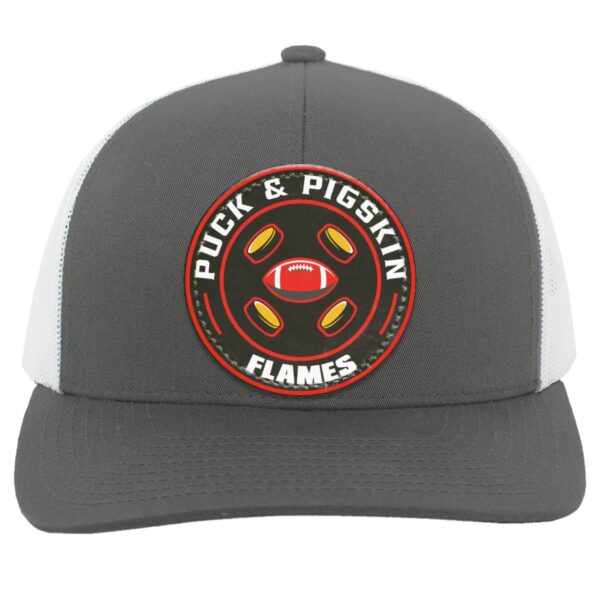 Puck & Pigskin Logo - Flames Snapback Trucker Hat - Image 6